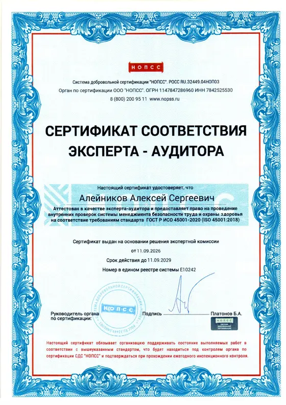 Сертификат эксперта-аудитора — Алейников А. С. · ИСО 45001